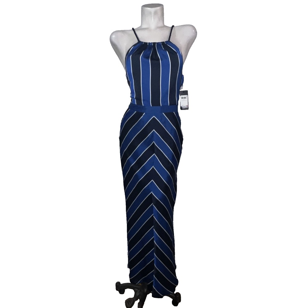 GUESS Dress Womens 0 XS Ink Blue Striped Rope Halter Maxi Lace Up Back NWT $118